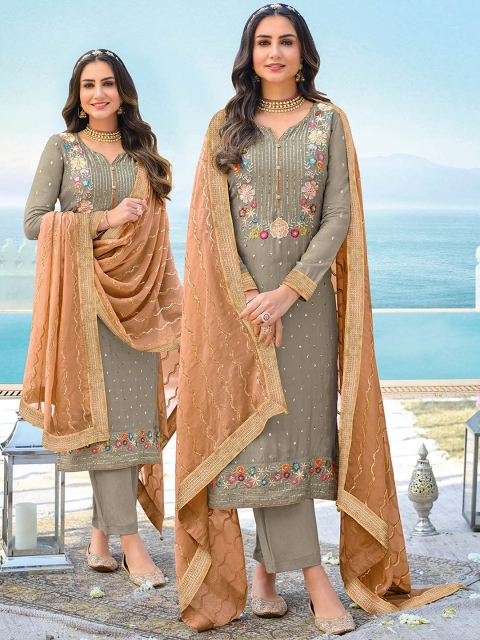 

ODETTE Women Grey Floral Embroidered Sequinned Kurta with Trousers & Dupatta