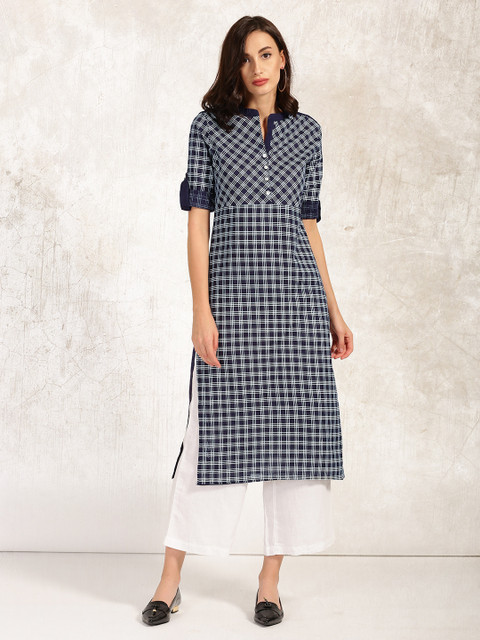 

Anouk Women Navy Blue & White Checked Straight Kurta