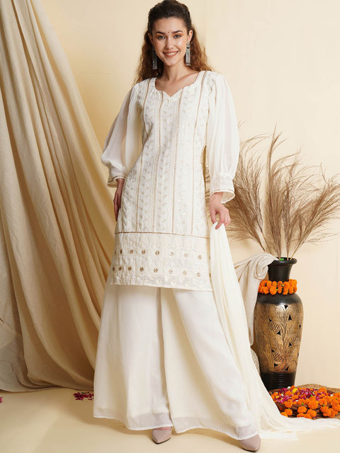 

ODETTE Women Off White Embroidered Thread Work Kurti with Palazzos & With Dupatta