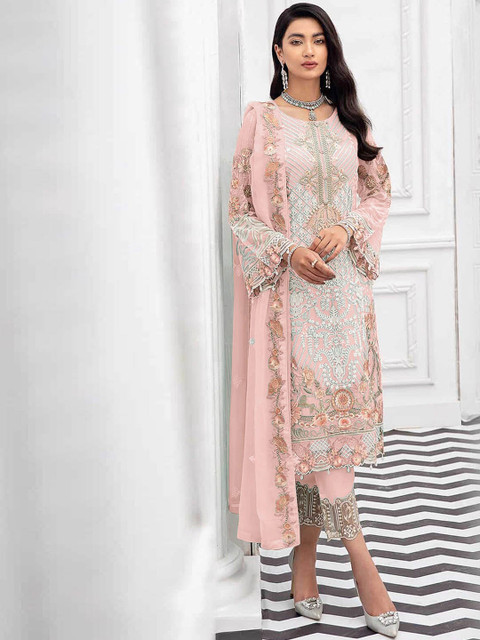 

ODETTE Women Pink Ethnic Motifs Embroidered Thread Work Kurta with Trousers & With Dupatta