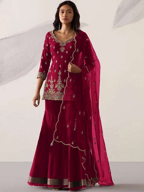 

ODETTE Women Magenta Floral Embroidered Kurta with Sharara & With Dupatta