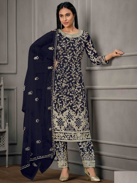 

ODETTE Women Blue Ethnic Motifs Embroidered Thread Work Kurta with Trousers & With Dupatta