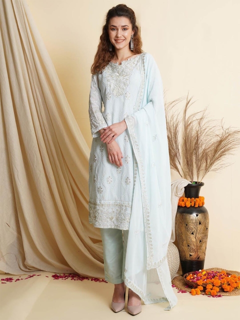 

ODETTE Women Blue Ethnic Motifs Embroidered Thread Work Kurta with Trousers & Dupatta