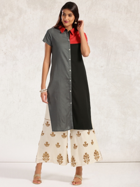 

Anouk Women Black & Grey Colourblocked Straight Kurta