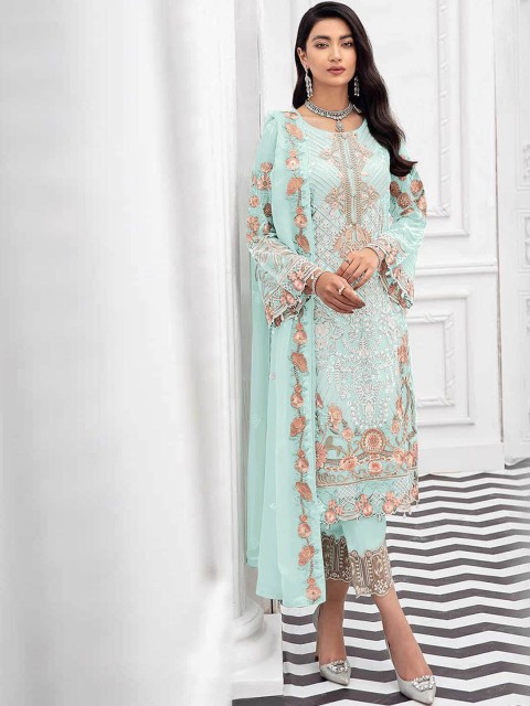 

ODETTE Women Blue Ethnic Motifs Embroidered Kurta with Trouser & Dupatta
