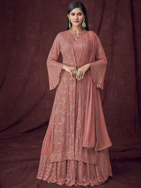 

ODETTE Women Pink & Gold Floral Embroidered Kurta with Trousers & Dupatta