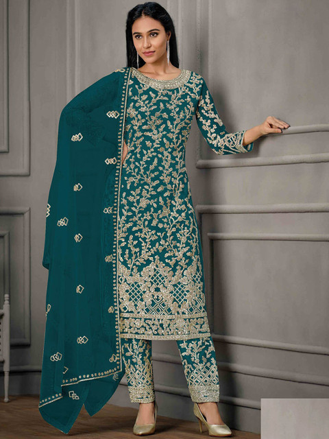 

ODETTE Women Green Embroidered Thread Work Kurta with Trousers & With Dupatta