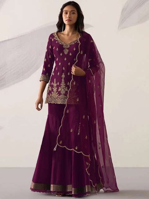 

ODETTE Women Violet Embroidered Kurti with Sharara & With Dupatta
