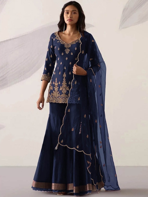 

ODETTE Women Blue Embroidered Kurti with Sharara & Dupatta
