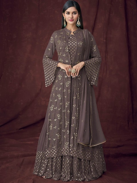 

ODETTE Women Grey Embroidered Layered Kurta with Sharara