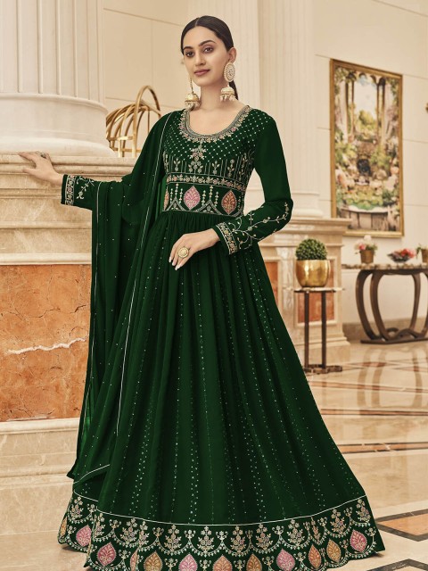 

ODETTE Women Green Ethnic Motifs Embroidered Kurta with Trouser & Dupatta Set
