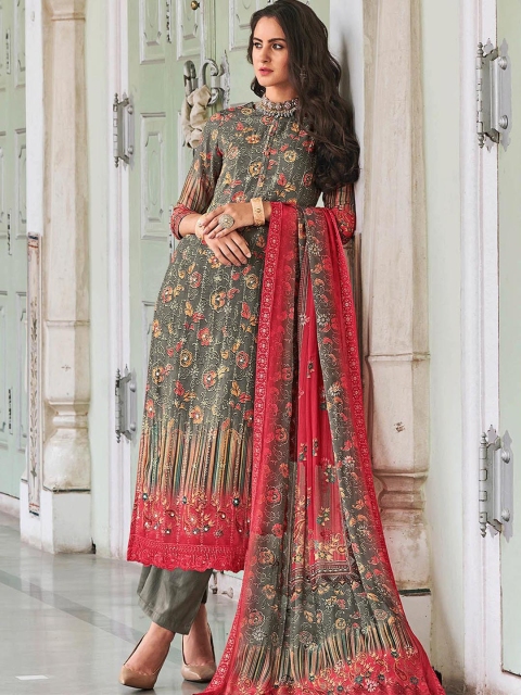 

ODETTE Women Red & Green Floral Printed Unstitched Dress Material