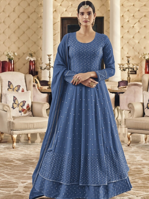 

ODETTE Women Blue Floral Embroidered Beads and Stones Kurta with Sharara & Dupatta