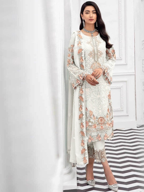 

ODETTE Women White Embroidered Thread Work Kurta with Trousers & With Dupatta