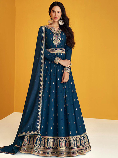

ODETTE Women Teal & Gold Embroidered Anarkali Kurta With Dupatta
