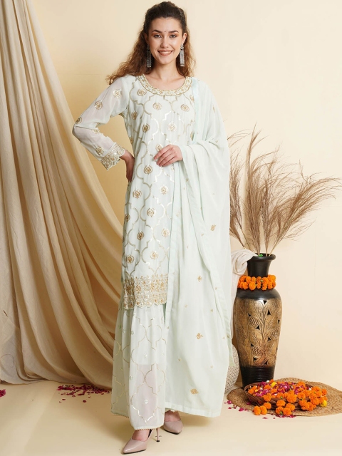 

ODETTE Women Blue Ethnic Motifs Embroidered Kurta with Palazzos & Dupatta