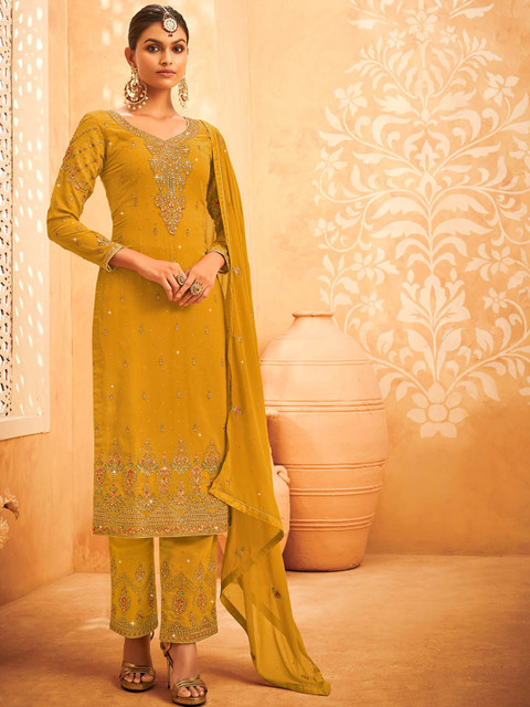 

ODETTE Women Mustard Yellow Embroidered Thread Work Kurta with Trousers & With Dupatta