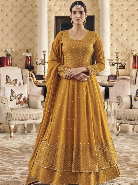 

ODETTE Women Yellow Floral Embroidered Thread Work Kurta with Sharara & Dupatta