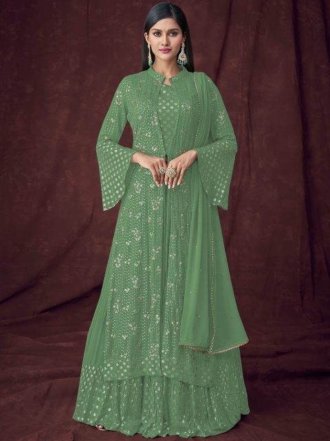 

ODETTE Women Green Ethnic Motifs Embroidered Kurta with Sharara & Dupatta