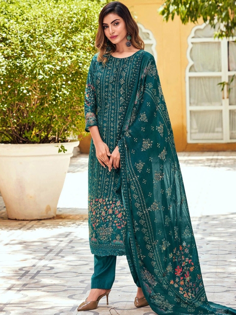

ODETTE Women Teal Floral Embroidered Kurta with Trousers & Dupatta