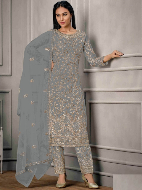 

ODETTE Women Grey Embroidered Kurta with Trouser & Dupatta