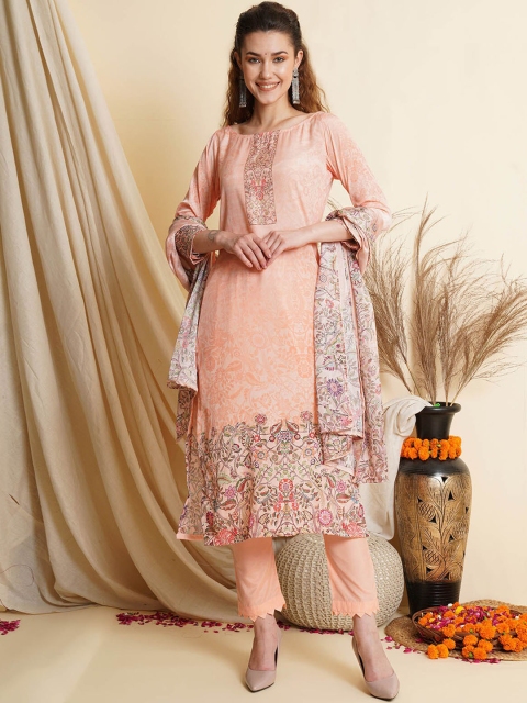 

ODETTE Women Peach-Coloured Floral Printed Kurta with Trousers & With Dupatta