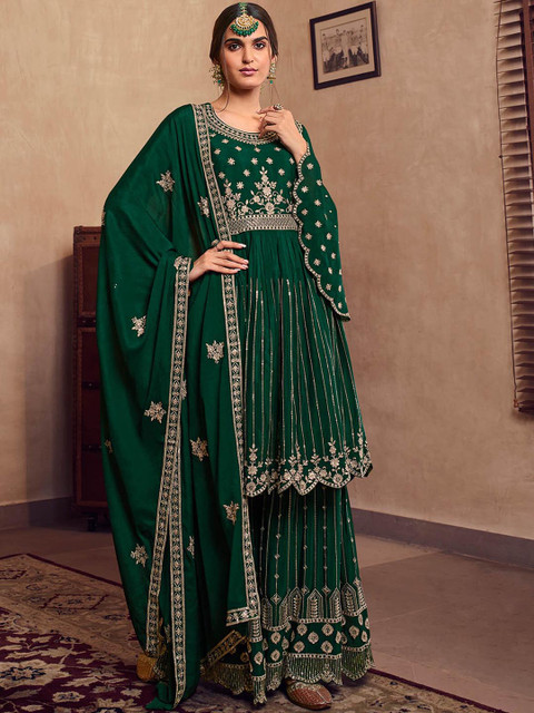 

ODETTE Women Green Floral Embroidered Kurta with Sharara & With Dupatta