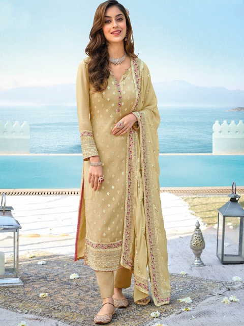 

ODETTE Women Mustard Yellow Embroidered Kurta with Trousers & Dupatta