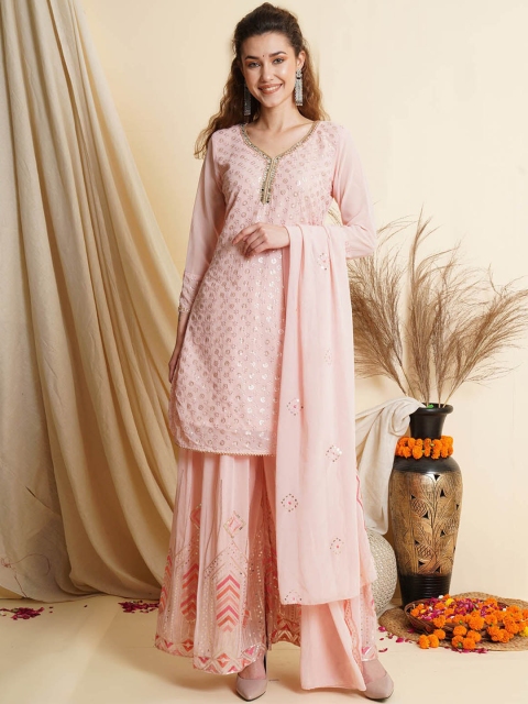 

ODETTE Women Pink Embroidered Sequinned Kurta with Sharara & With Dupatta