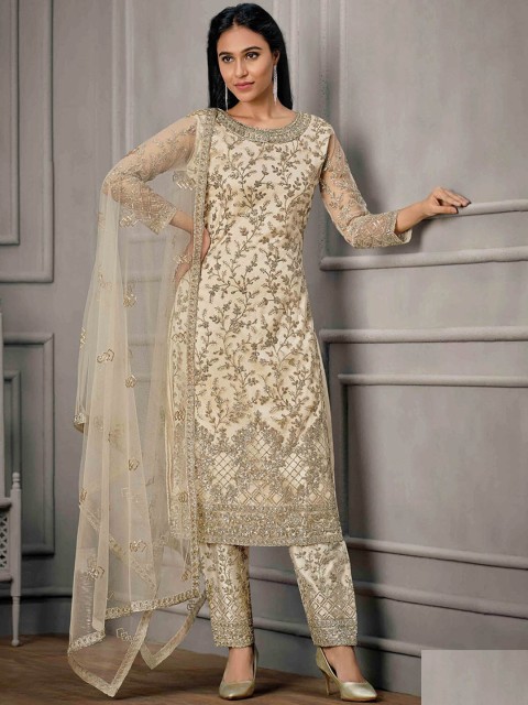 

ODETTE Women Cream-Coloured Embroidered Thread Work Kurta with Trousers & With Dupatta