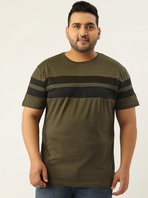 

Rodzen Plus Size Men Olive Green & Black Striped Pure Cotton T-shirt