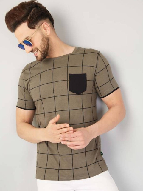 

Rodzen Men Brown & Black Checked Pure Cotton T-shirt