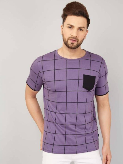 

Rodzen Men Purple & Black Checked Monochrome Pure Cotton T-shirt