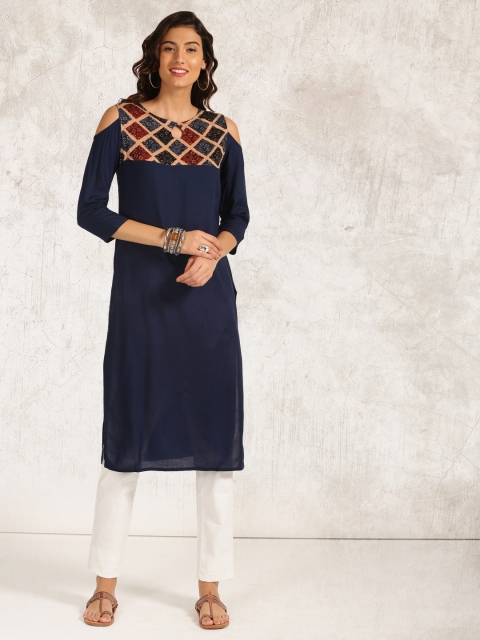 

Anouk Women Navy Blue Printed Straight Kurta