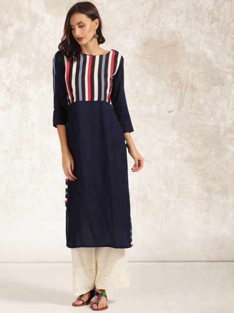 

Anouk Women Navy Striped Straight Kurta, Navy blue