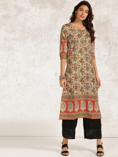 

Anouk Women Beige & Red Printed Straight Kurta