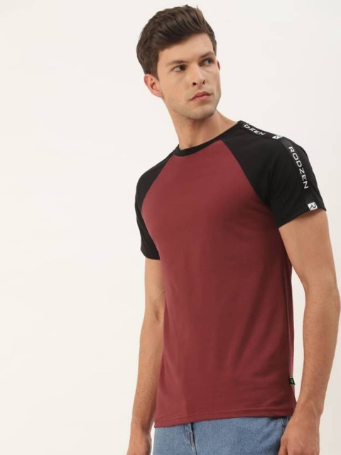 

Rodzen Men Maroon & Black Colourblocked Pure Cotton T-shirt