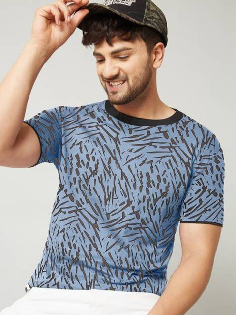 

Rodzen Men Blue & Brown Printed Pure Cotton T-shirt