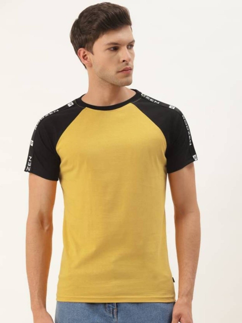 

Rodzen Men Mustard Yellow Colourblocked Pure Cotton Raw Edge T-shirt