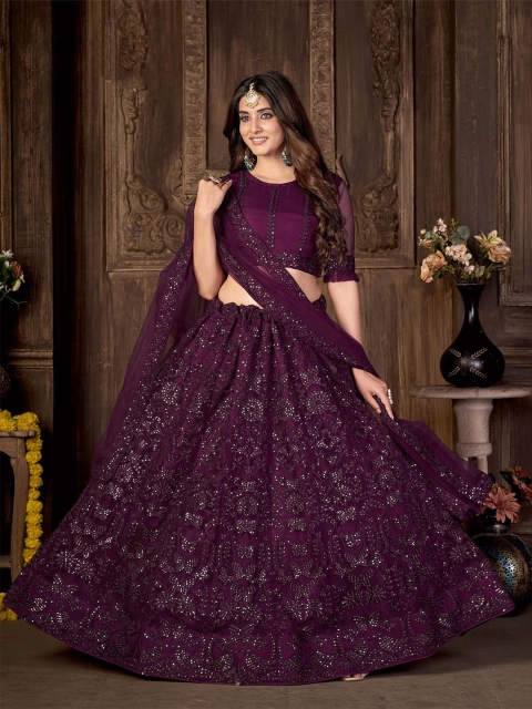 

ODETTE Violet Embroidered Semi-Stitched Lehenga & Unstitched Blouse With Dupatta