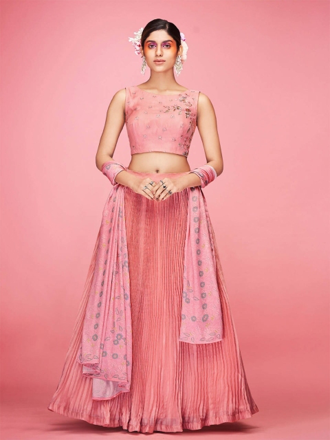 

ODETTE Women Pink & Gold-Toned Semi-Stitched Lehenga & Unstitched Blouse With Dupatta