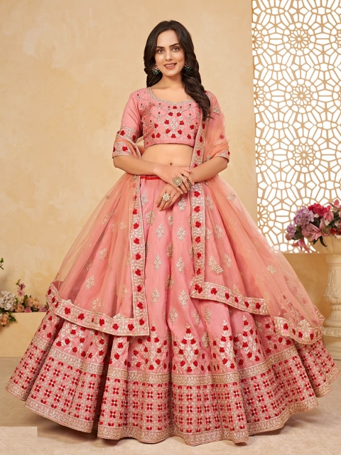 

ODETTE Pink & Red Embroidered Thread Work Semi-Stitched Lehenga & Unstitched Blouse With Dupatta