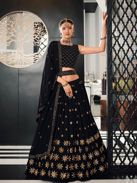 

ODETTE Navy Blue & Gold-Toned Sequinned Semi-Stitched Lehenga Choli Set