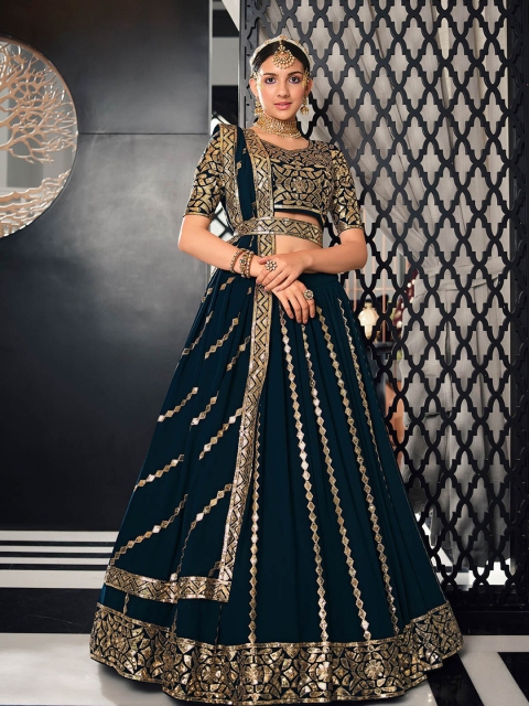 

ODETTE Teal & Gold-Toned Embellished Thread Work Semi-Stitched Lehenga & Unstitched Blouse With Dupatta