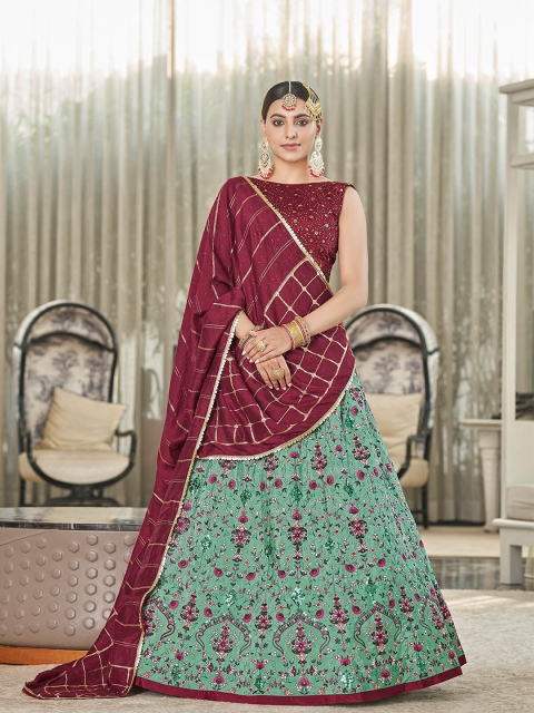 

ODETTE Maroon & Green Embellished Semi-Stitched Lehenga & Unstitched Blouse With Dupatta