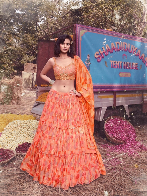 

ODETTE Peach-Coloured & Orange Embroidered Semi-Stitched Lehenga Choli Set