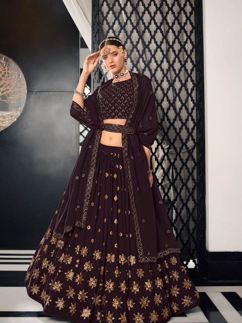 

ODETTE Purple & Gold-Toned Embellished Sequinned Semi-Stitched Lehenga Choli