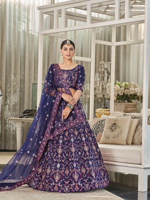 

ODETTE Navy Blue & Pink Thread Work Semi-Stitched Lehenga & Unstitched Blouse With Dupatta