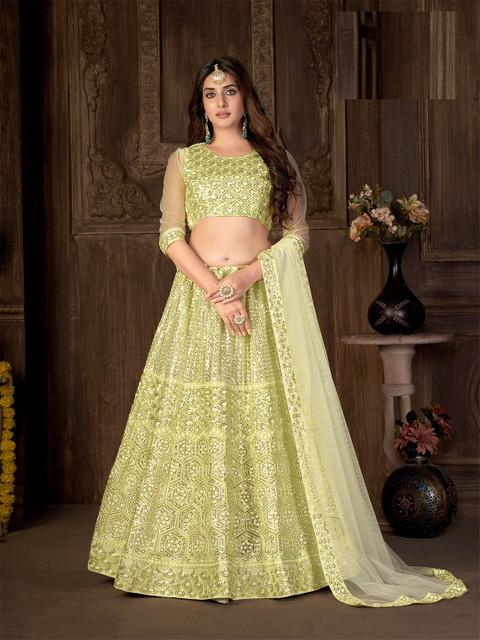 

ODETTE Yellow & Gold-Toned Embellished Semi-Stitched Lehenga Choli With Dupatta