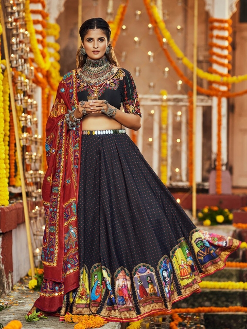 

ODETTE Black & Red Embroidered Cotton Semi-Stitched Lehenga & Blouse With Dupatta